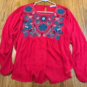 Altar’d State Red Flowey Blouse with Floral Embroidery